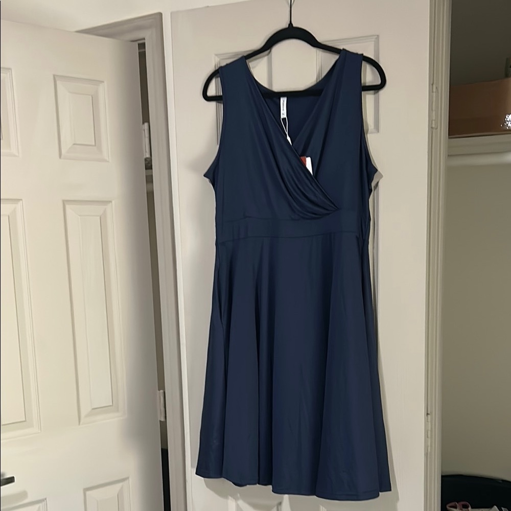 Blue Sleeveless Cowl Neck A-Line Midi Dress